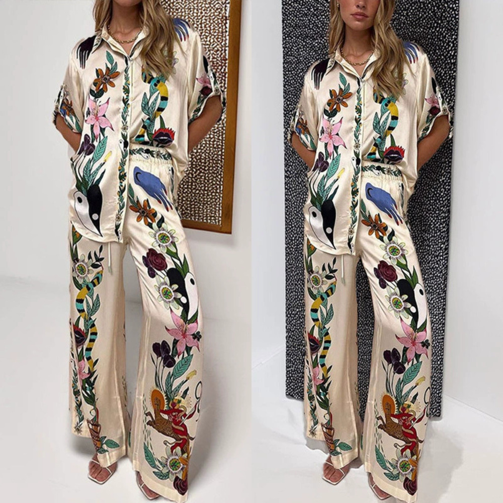 ZARA Summer Fashion Printed Lapel Single Breasted Casual Long Pants Set